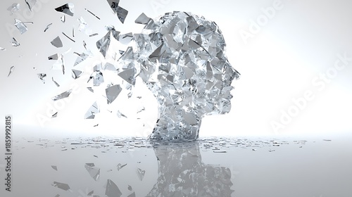 Shattered Mind: A symbolic representation of mental fragility and the disintegration of thoughts, depicted through a fragmented silhouette of a human face composed of shattering glass pieces.
