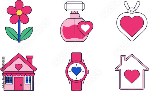 Charming Pink Illustrations of Hearts, Flowers, and Homes