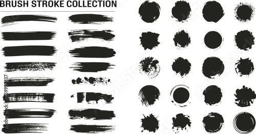 Grunge brush stroke texture collection with paint splashes and rough circles, black vector illustration set for artistic backgrounds, ink effects, and creative graphic design projects