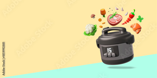 3D banner with a multicooker and falling ingredients, vegetables, meat, and baked goods.