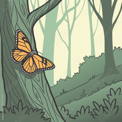 An illustrated depiction of a vibrant monarch butterfly resting peacefully on the textured bark of a tree in a lush