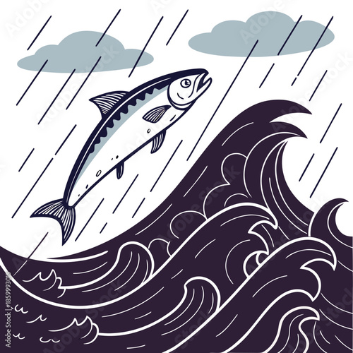 a stylized illustration depicts a salmon leaping from a turbulent wave amidst a heavy rainfall showcasing aquatic life and weather