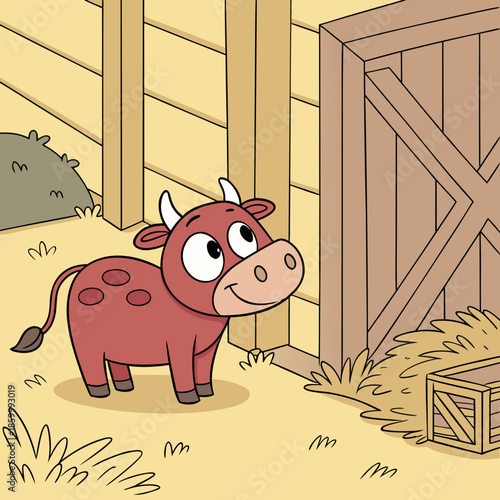 a charming cartoon depiction showcases a reddish brown cow standing near a wooden barn and some hay bales in a