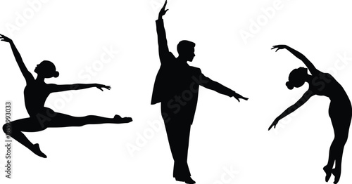 Elegant ballet dancer silhouettes performing classical poses, black isolated figures illustrating grace, movement, choreography, and artistic dance expressions on white background