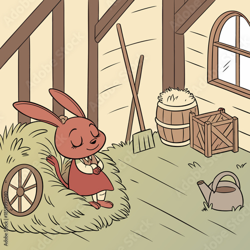 a peaceful illustration depicts a charming rabbit resting comfortably amidst hay bales in a rustic barn setting evoking tranquility