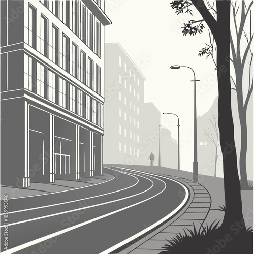 a grayscale illustration depicts a quiet city street with tall buildings a winding road and sparse trees high quality