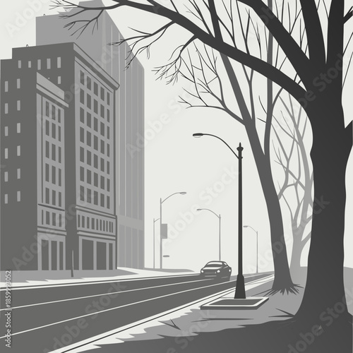 A grayscale illustration depicts a cityscape with towering buildings bare trees a street and a lone vehicle showcasing urban scenery
