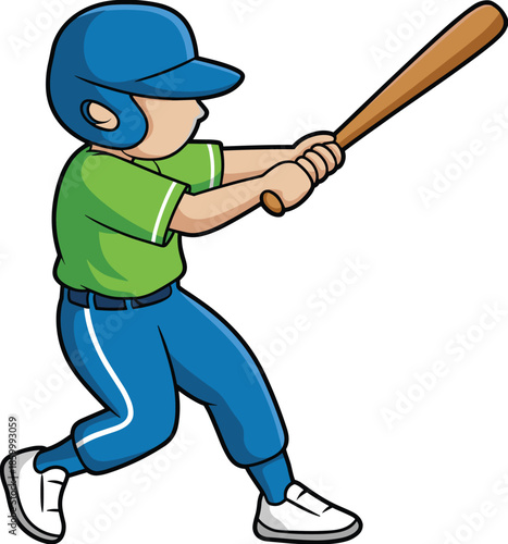 Cartoon baseball player swinging bat illustration, youth sports action clipart isolated on white background for kids education and design