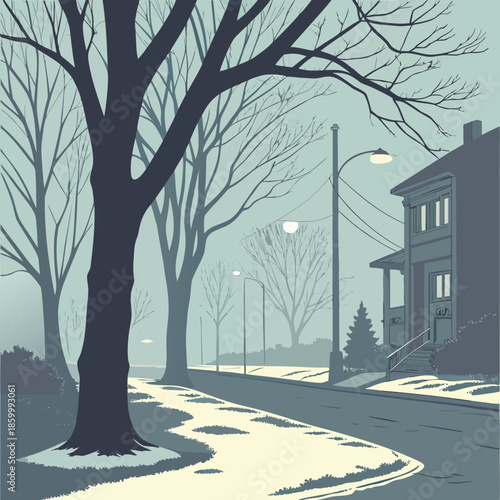 A serene winter street scene depicts bare trees a quiet neighborhood and softly glowing streetlights in a cool muted palette