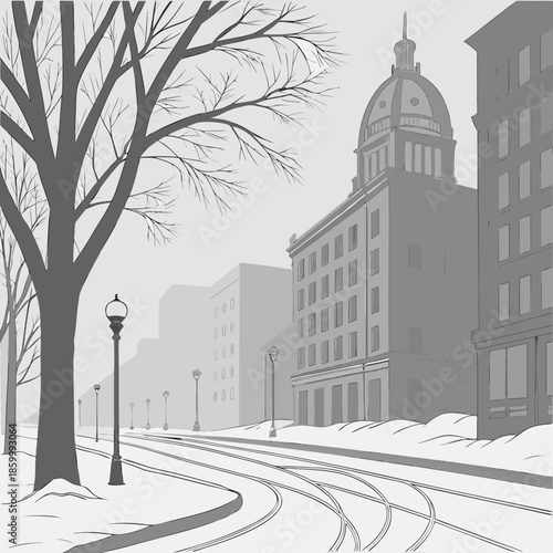 A grayscale illustration depicts a snowy city street with a prominent domed building and bare winter trees beside it
