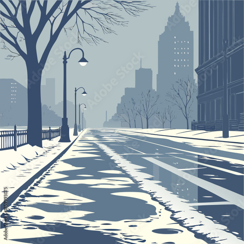 a serene winter cityscape depicts a quiet street lined with trees and buildings covered in snow and mist
