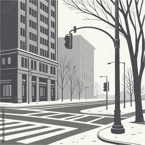 A stark winter cityscape illustration depicts empty streets tall buildings bare trees and a muted color palette evoking a sense