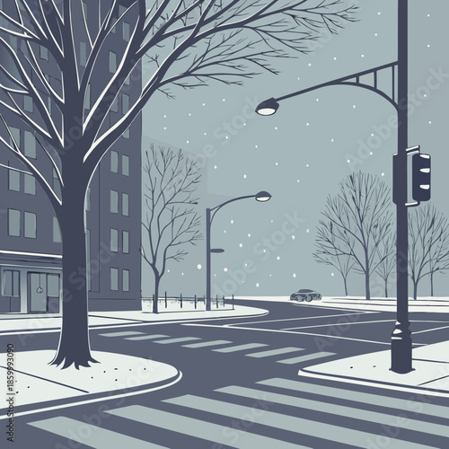a serene winter cityscape depicts a quiet street with bare trees falling snow and illuminated streetlights casting long shadows