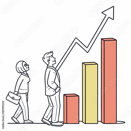 A business team observes a rising graph depicting positive growth and success focused on achieving ambitious financial targets