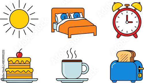 Morning Routine Icons: Wake Up, Breakfast, and Start the Day