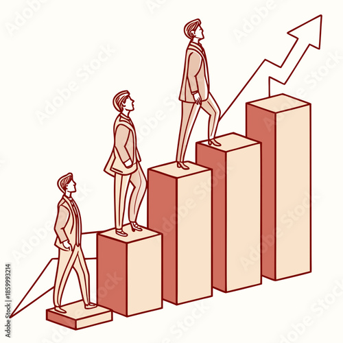Business professionals are ascending a bar graph staircase symbolizing growth success and the positive trajectory of corporate advancement