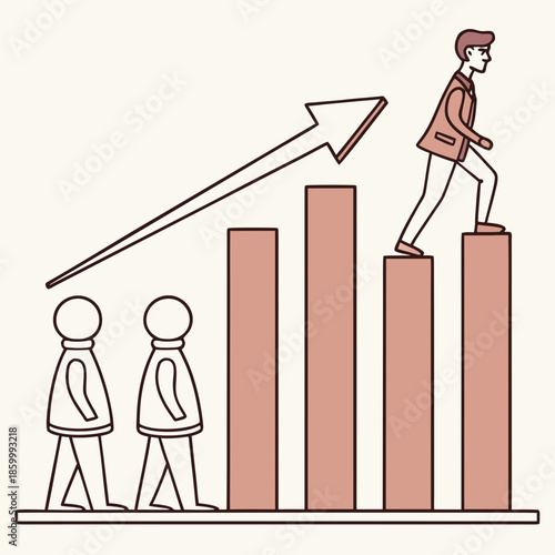 A businessman confidently ascends a growing chart symbolizing success and upward mobility with colleagues supporting the base high quality