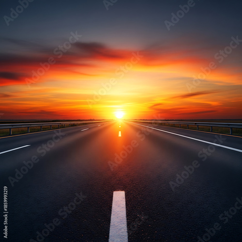 Vast Asphalt Road Leading Towards a Fiery Sunset Over the Horizon, Inspiring Feelings of Freedom and Journey