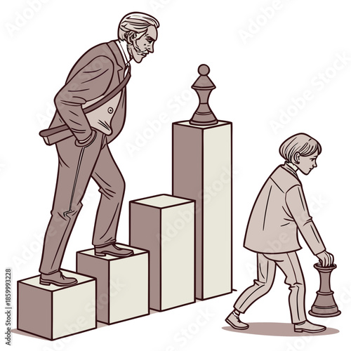 A man and a boy climb stairs with chess pieces representing strategy mentorship and the generational passing of knowledge and