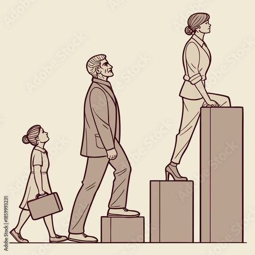 A symbolic illustration depicts a family navigating upward mobility with figures ascending steps representing generational progress and achievement