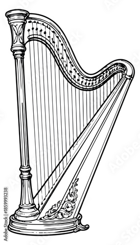 Line art illustration of a harp depicting its elegant and classical form for music and art projects