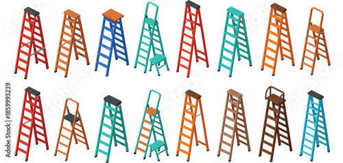 Colorful step ladder vector set with assorted aluminum and wooden folding ladders in various heights and styles isolated on a white background.