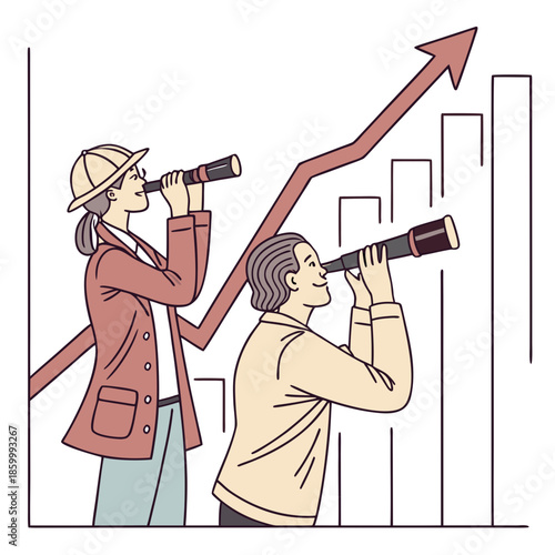 Two people are carefully observing a rising graph with binoculars symbolizing future growth and strategic analysis in a business context