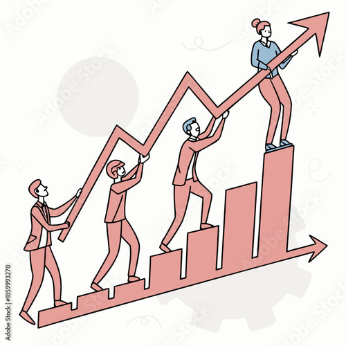 Teamwork and upward trajectory are represented by people pushing a growth chart arrow symbolizing progress and collaborative success