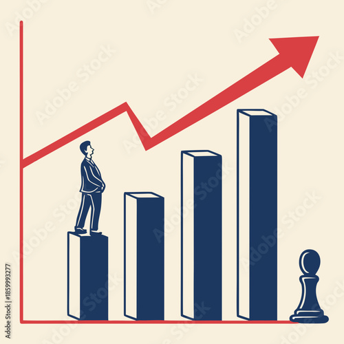 A businessman confidently climbs a series of ascending bars symbolizing growth and strategic advantage with a chess pawn nearby