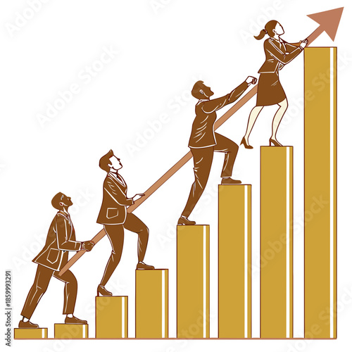Business professionals collaboratively ascending a bar graph symbolizing teamwork success growth and upward trajectory in a corporate environment