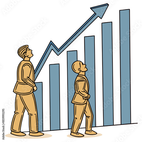 Two business people observe a rising graph with increasing bar charts symbolizing growth success and positive market trends in a
