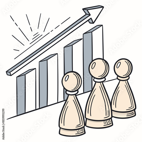 Illustrative depiction of business growth and success with chess pieces representing team members and a rising graph high quality