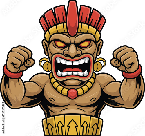 Fierce tribal warrior cartoon illustration with muscular body and angry expression, powerful totem style character isolated on white background for mascot design