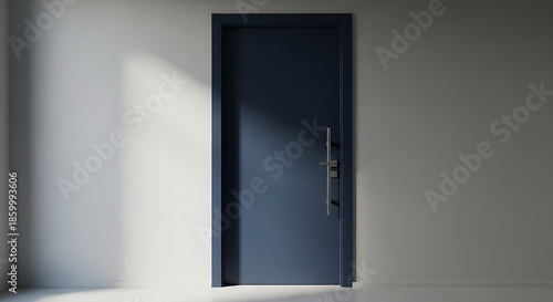 Stylish navy blue interior door with modern handle in a well lit room
