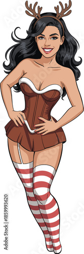 Festive Christmas pin up style woman illustration wearing reindeer antlers and holiday costume, cheerful winter character design isolated on white background