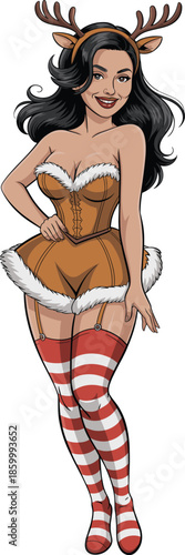 Sexy Christmas reindeer woman pin up illustration, festive holiday character in winter costume, playful cartoon style isolated on white background for seasonal design
