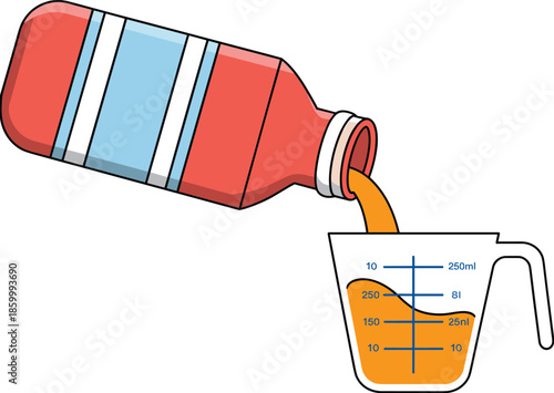 Liquid medicine pouring from bottle into measuring cup illustration, healthcare dosage concept showing accurate measurement, pharmaceutical treatment, and medical preparation isolated