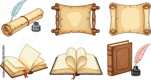 Ancient paper scroll and old book vector set with vintage parchment rolls quill pens inkwells and open manuscripts isolated on white background.
