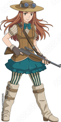 Steampunk adventure girl character illustration holding rifle, wearing explorer outfit with hat and goggles, fantasy cosplay style design isolated on white
