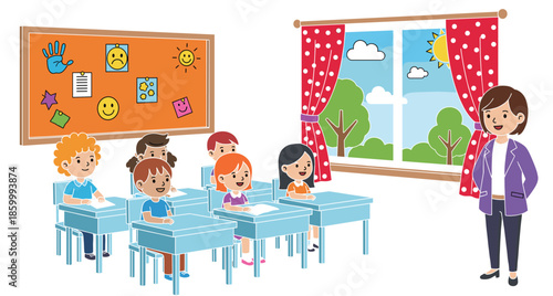 Cute elementary school classroom vector illustration with diverse children students sitting at desks and female teacher standing by the window with curtains.