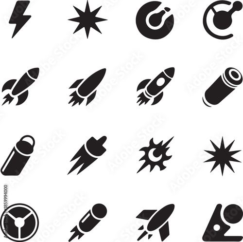 black and white icons of rockets and explosions on white background