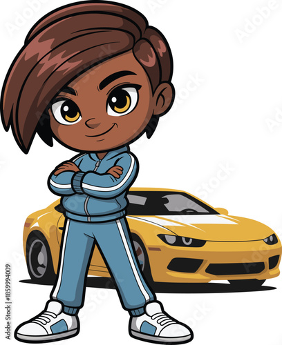 Cute cartoon boy character standing confidently in front of yellow sports car, modern vector illustration style, playful attitude, youthful lifestyle, animation and game design concept