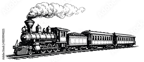 Hand drawn line art illustration of a steam train depicting an antique locomotive emitting smoke for historical travel concepts