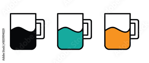  Three simple mugs filled with distinct colored liquids illustrating beverage variety icons set
