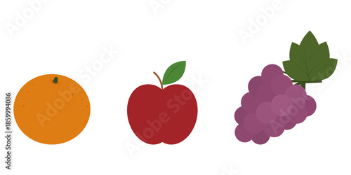 Orange and Rip Grape Bunch and Red apple Menu Cards Labels Minimalistic Flat design Seasonal Fruits. Isolated Vector illustration Sticker Icon Themed or Recipe Card Print Material Banner, leaflet, tag