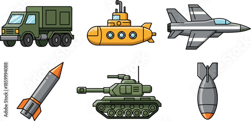 Military Vehicles and Weapons Vector Illustration