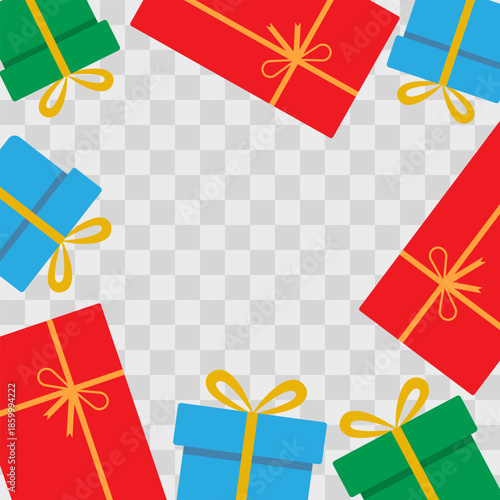 Square Frame border of colorful various gifts boxes with tied ribbon bow Holiday Copy space Template. Isolated Vector illustration Greeting Thematic Cards Sample Party invite, leaflets Media Post, tag