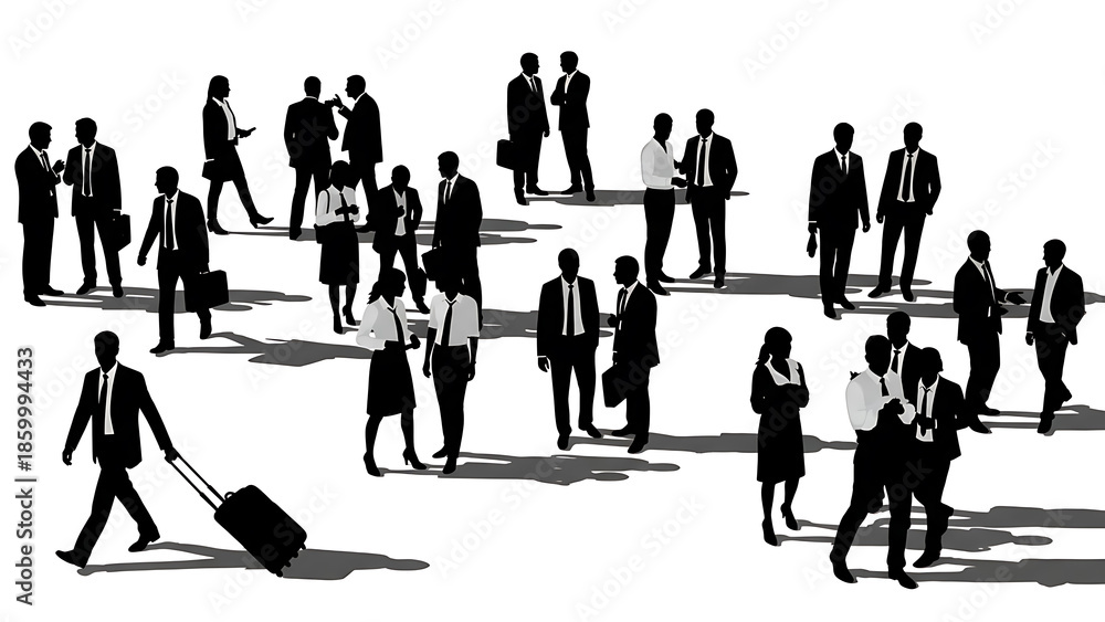 Fototapeta premium Silhouette of Diverse Business People Crowd Walking and Interacting on White Background