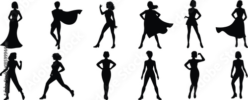 Collection of female silhouette poses in fashion and movement, elegant black vector figures set, confident women shapes for design, style, and lifestyle concepts