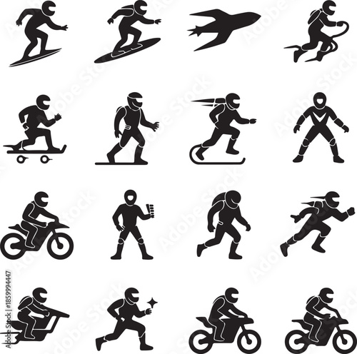 black silhouettes of people doing various sports activities on white background